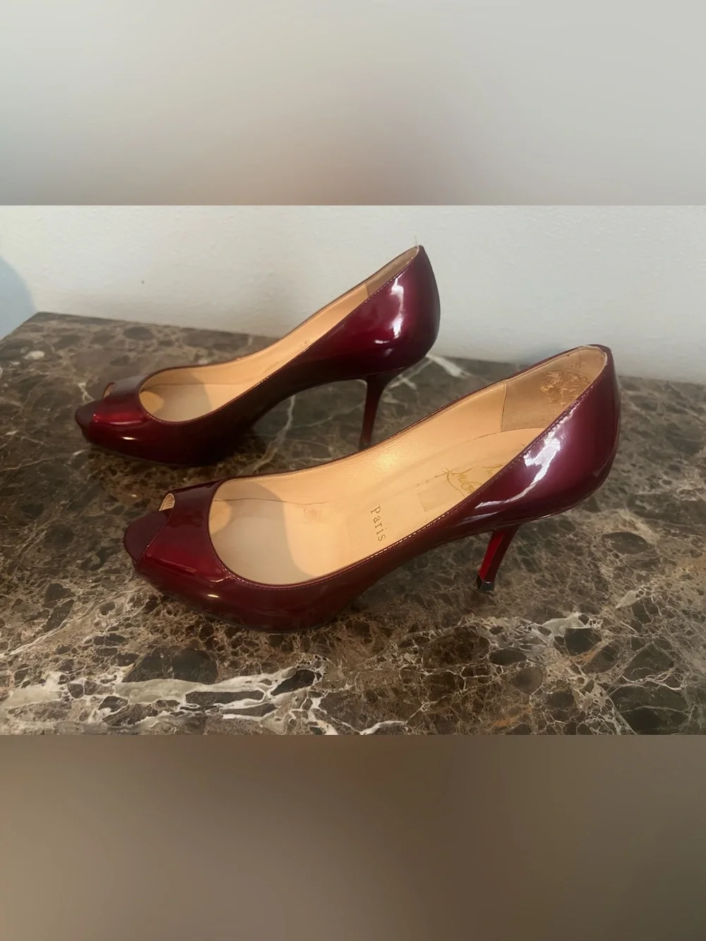 Christian Louboutin Shimmering Burgundy Patent Leather Prive 70mm Platform Pumps